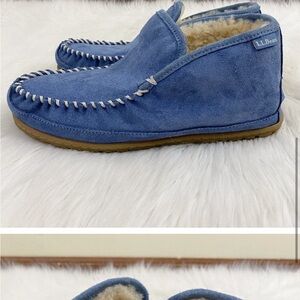 NEW L.L. Bean Blue Suede Shearling Lined Moccasin Slipper Booties Size 9